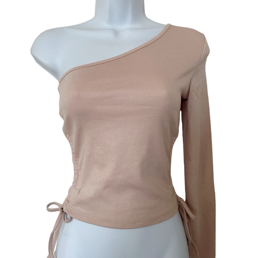 NWOT C+D+M Collection One Shoulder Long Sleeve Crop Top Tan Size Small